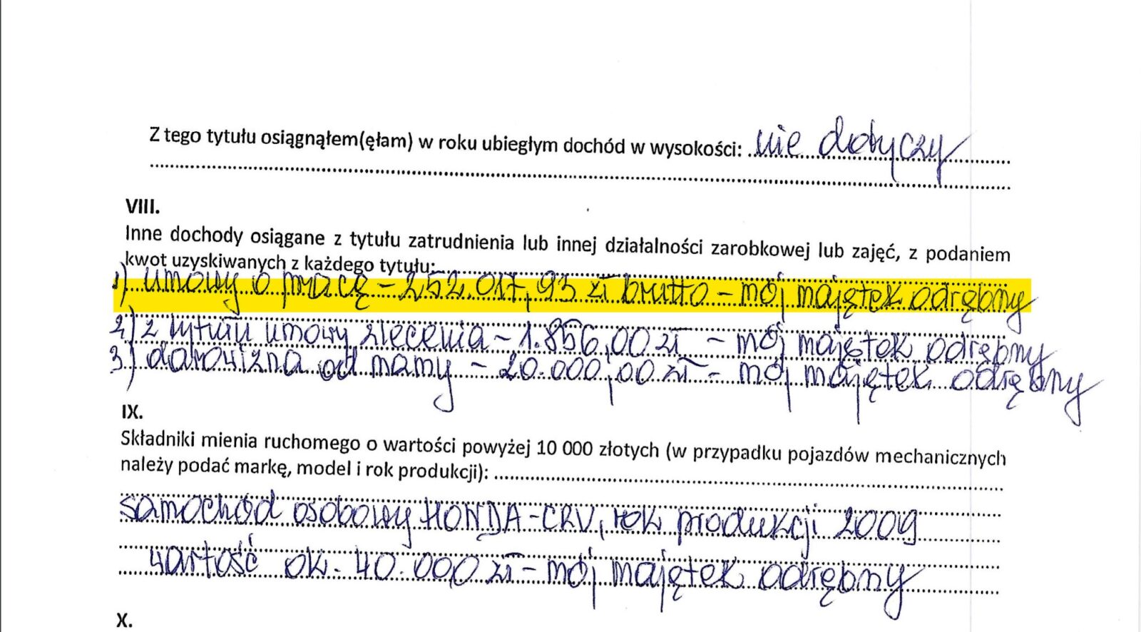 Fragment oświadczenia majątkowego Anny Niedbały, Sekretarza Miasta Ostrowca Św.