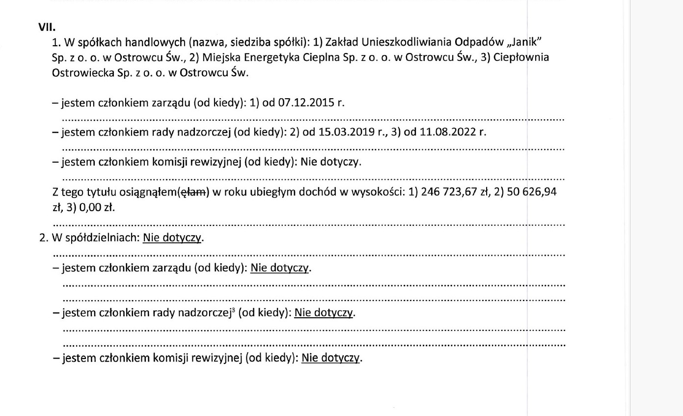 Fragment oświadczenia majątkowego Marka Nowaka, prezesa Zarządu ZUO Janik.
Źródło: BIP UM w Ostrowcu Św. 