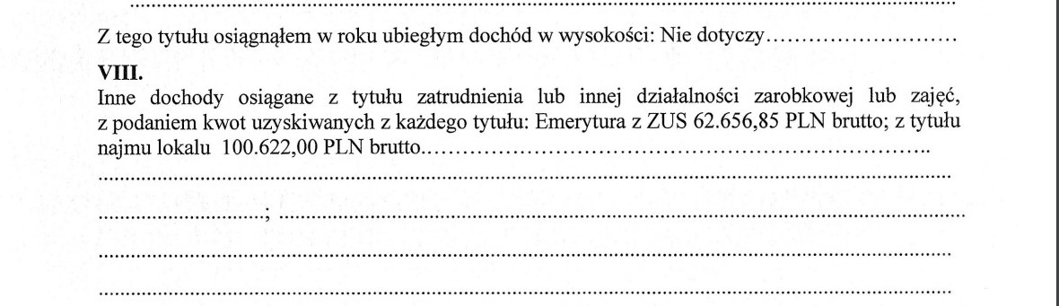 Fragment oświadczenia majątkowego Zbigniewa Bienia, prezesa Zarządu Zakładu Usług Pogrzebowych w Ostrowcu Św.