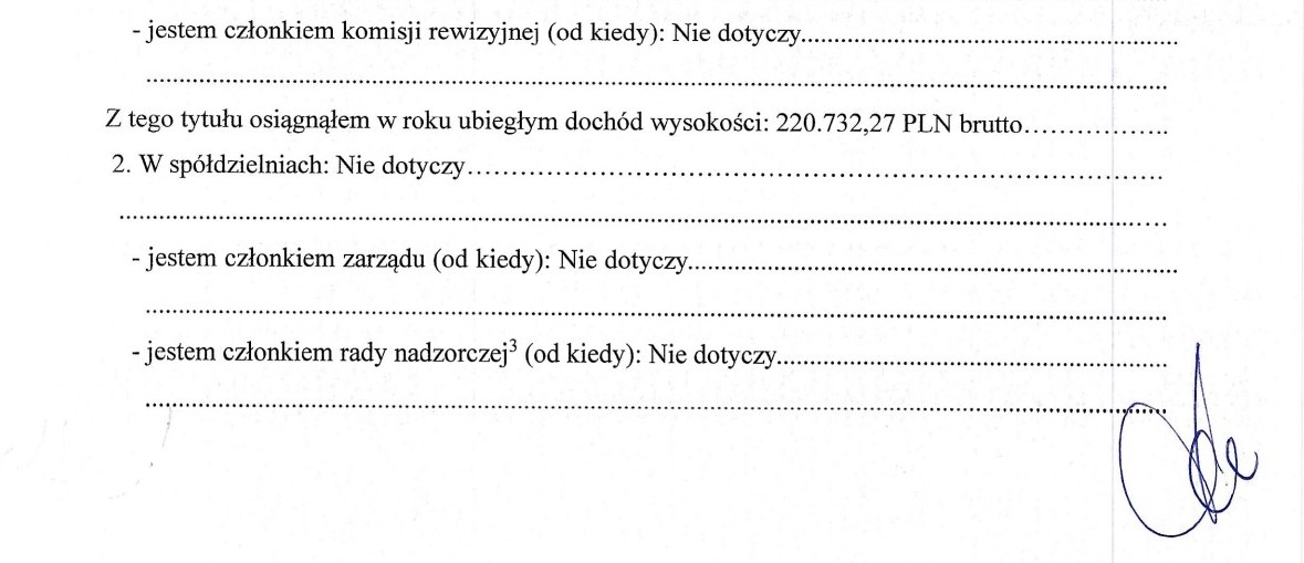 Fragment oświadczenia majątkowego Zbigniewa Bienia, prezesa Zarządu Zakładu Usług Pogrzebowych w Ostrowcu Św.